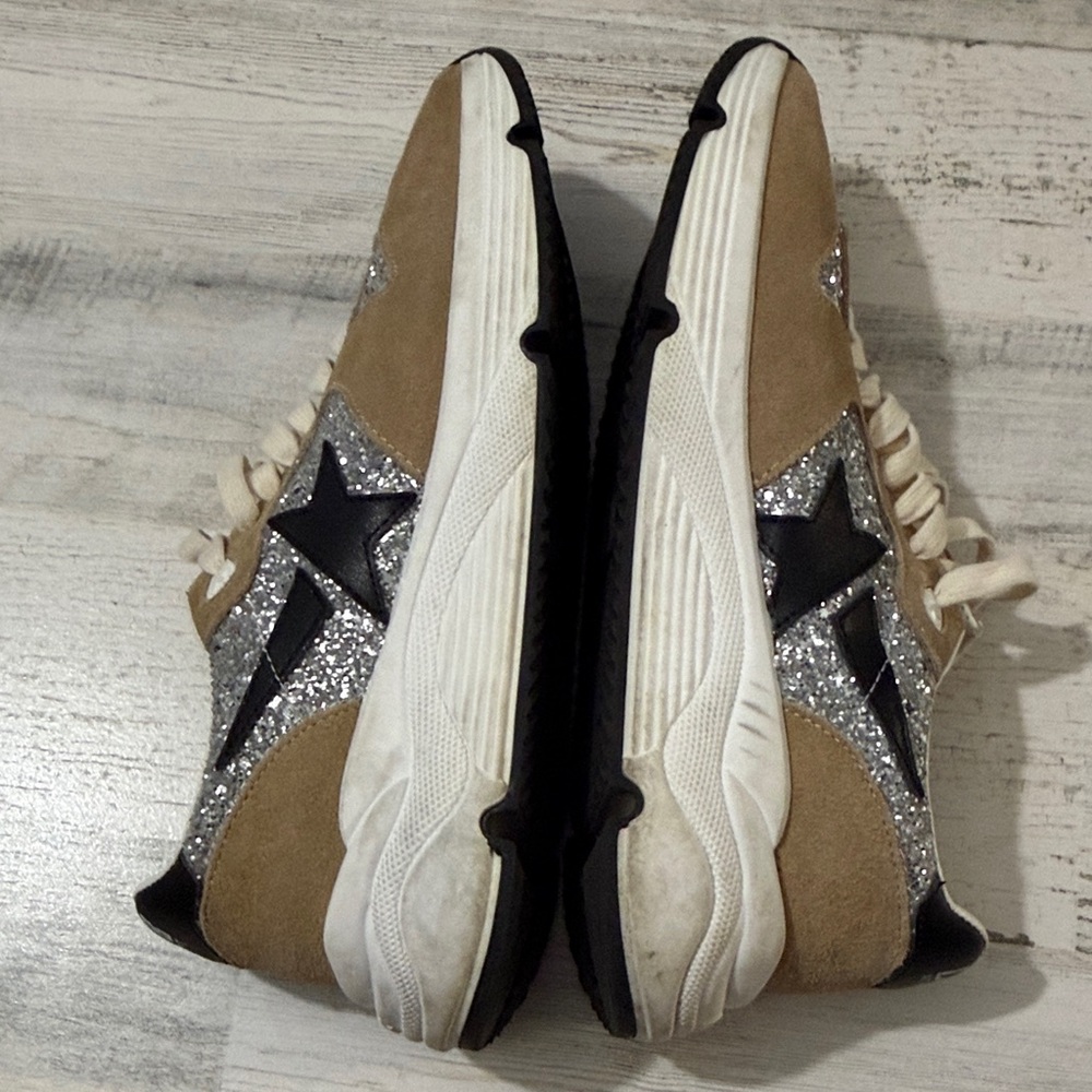 Golden Goose Tan and Silver Glitter Sneakers - Picture 9 of 16